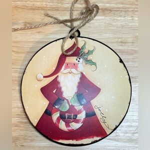 🎄Rustic Tin Hand Painted 6” Christmas Ornament Santa Claus Two Sided